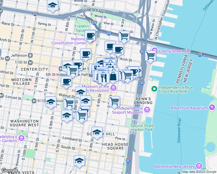map of restaurants, bars, coffee shops, grocery stores, and more near 35 South 4th Street in Philadelphia