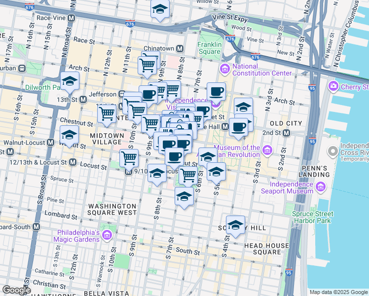 map of restaurants, bars, coffee shops, grocery stores, and more near 729 Sansom Street in Philadelphia