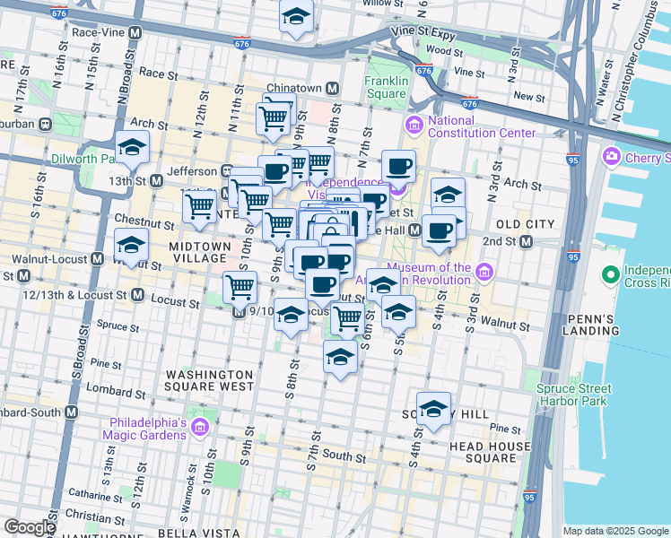 map of restaurants, bars, coffee shops, grocery stores, and more near 729 Sansom Street in Philadelphia