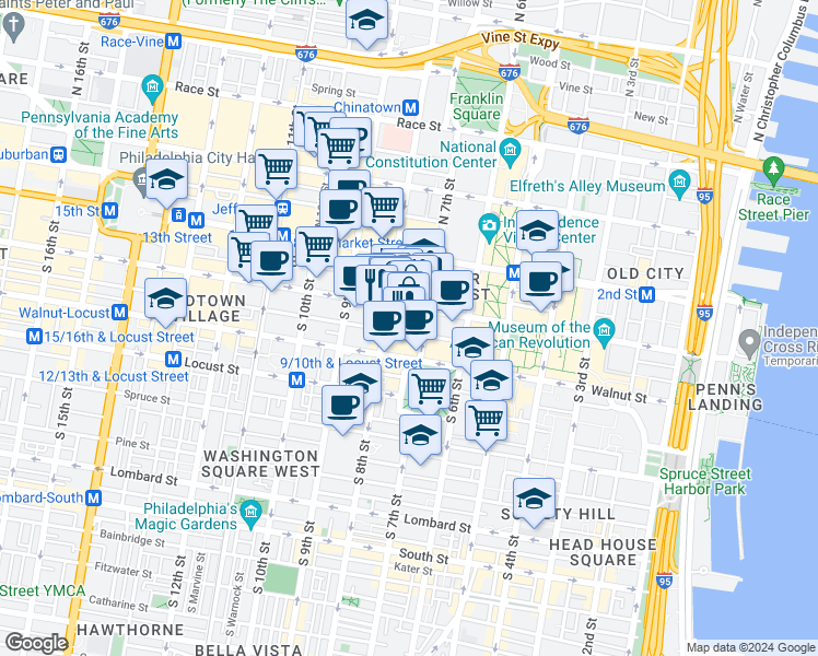 map of restaurants, bars, coffee shops, grocery stores, and more near 729 Sansom Street in Philadelphia
