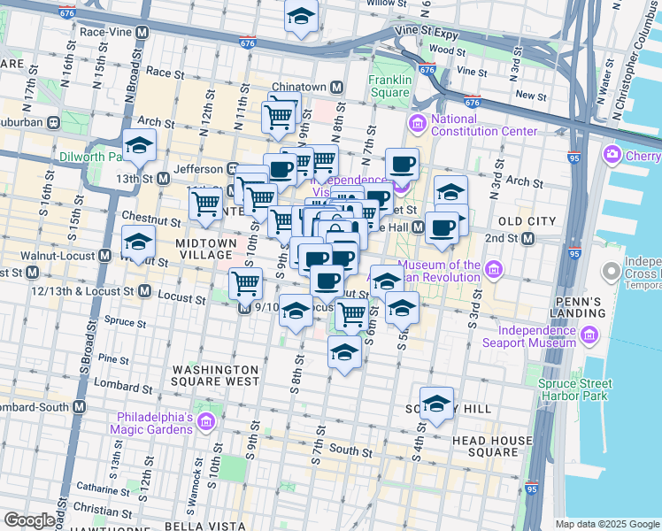 map of restaurants, bars, coffee shops, grocery stores, and more near 729 Sansom Street in Philadelphia