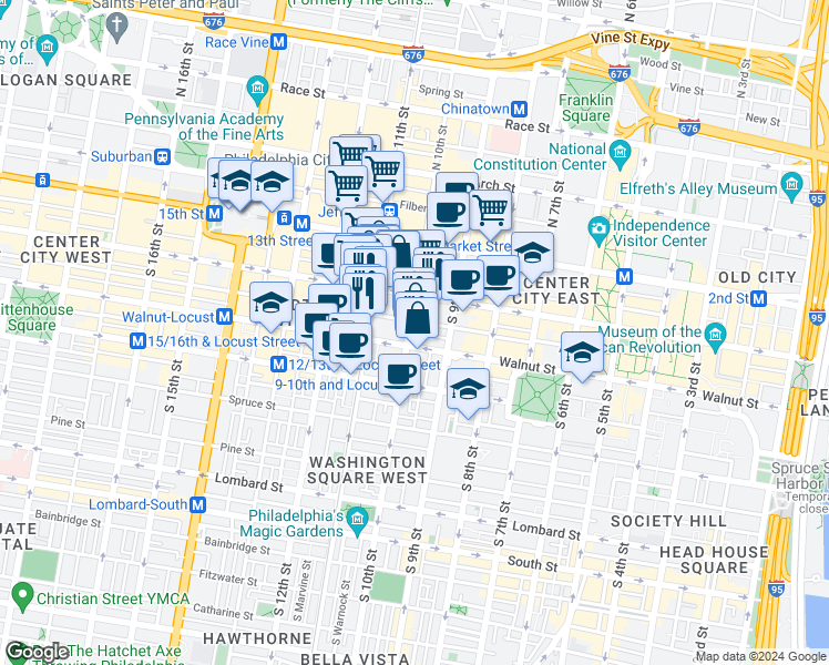map of restaurants, bars, coffee shops, grocery stores, and more near in Philadelphia