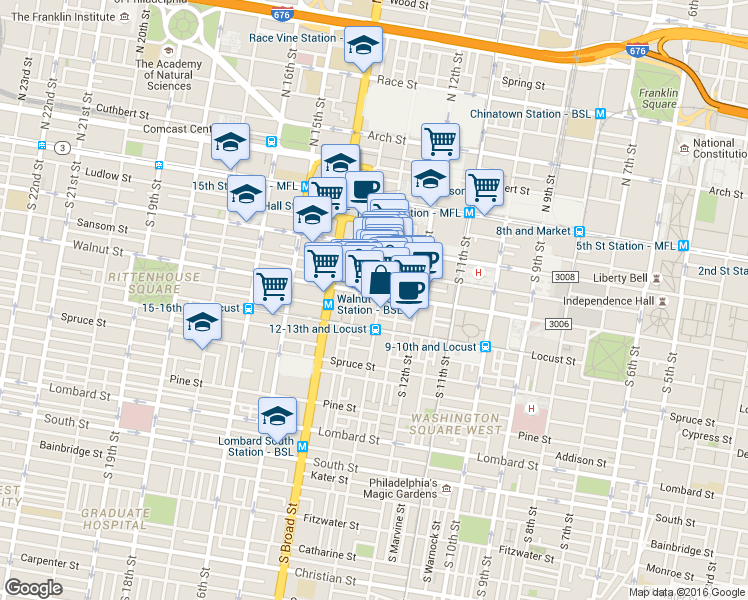 map of restaurants, bars, coffee shops, grocery stores, and more near 1213 Walnut Street in Philadelphia