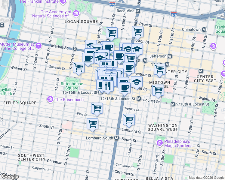 map of restaurants, bars, coffee shops, grocery stores, and more near in Philadelphia