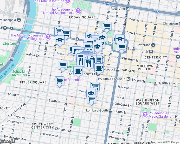 map of restaurants, bars, coffee shops, grocery stores, and more near in Philadelphia