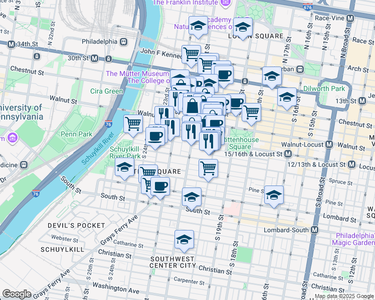 map of restaurants, bars, coffee shops, grocery stores, and more near 2122 Locust Street in Philadelphia