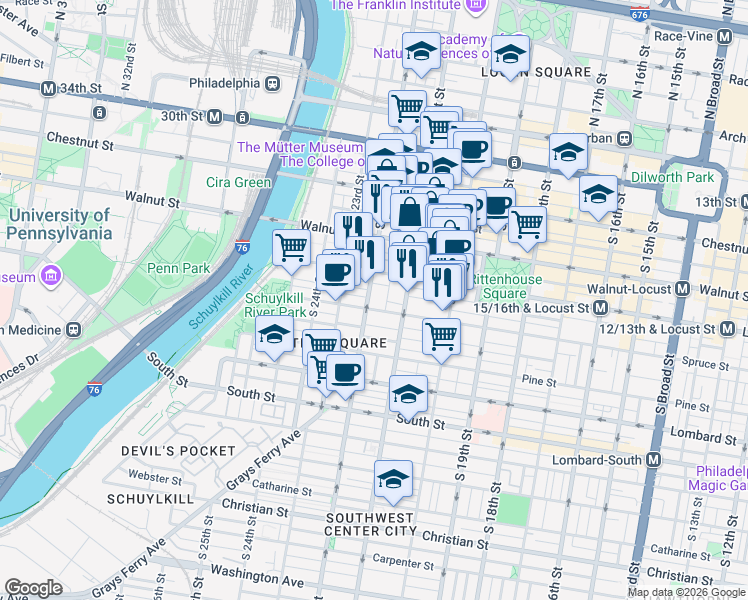 map of restaurants, bars, coffee shops, grocery stores, and more near 2122 Locust Street in Philadelphia