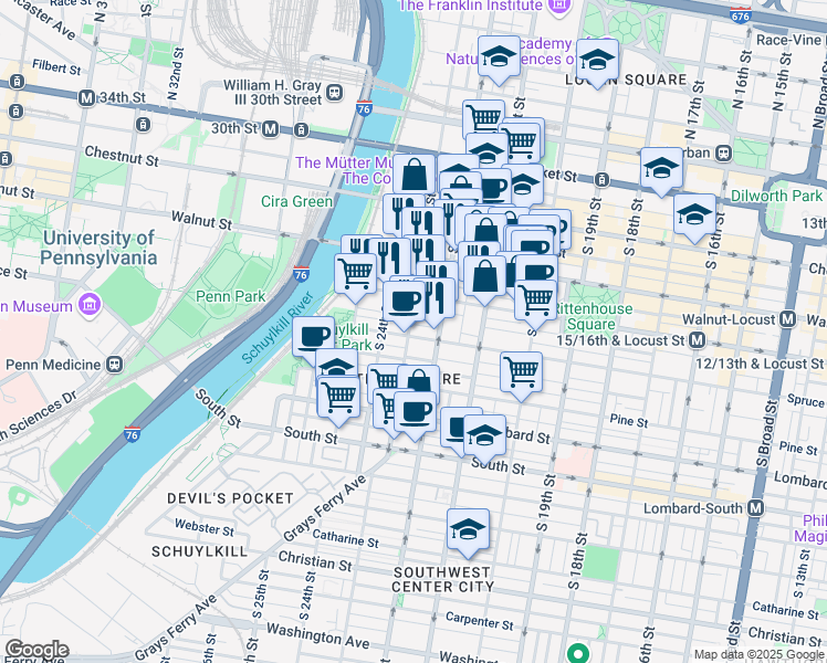 map of restaurants, bars, coffee shops, grocery stores, and more near in Philadelphia