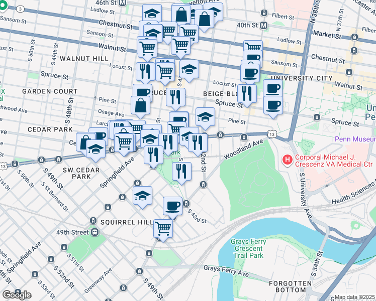 map of restaurants, bars, coffee shops, grocery stores, and more near 4224 Baltimore Avenue in Philadelphia