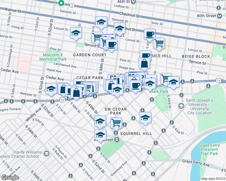 map of restaurants, bars, coffee shops, grocery stores, and more near 4711 Cedar Avenue in Philadelphia
