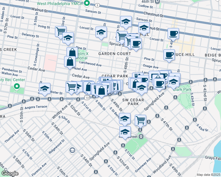 map of restaurants, bars, coffee shops, grocery stores, and more near 4836 Cedar Avenue in Philadelphia