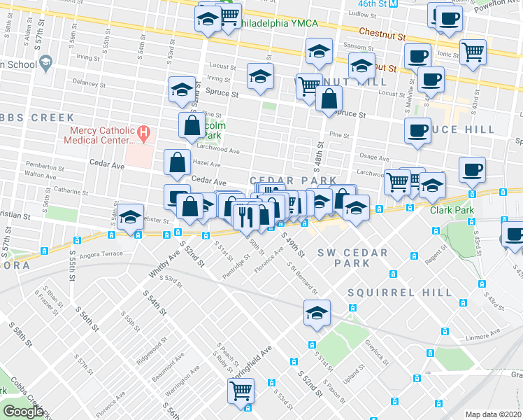 map of restaurants, bars, coffee shops, grocery stores, and more near 4920 Cedar Avenue in Philadelphia