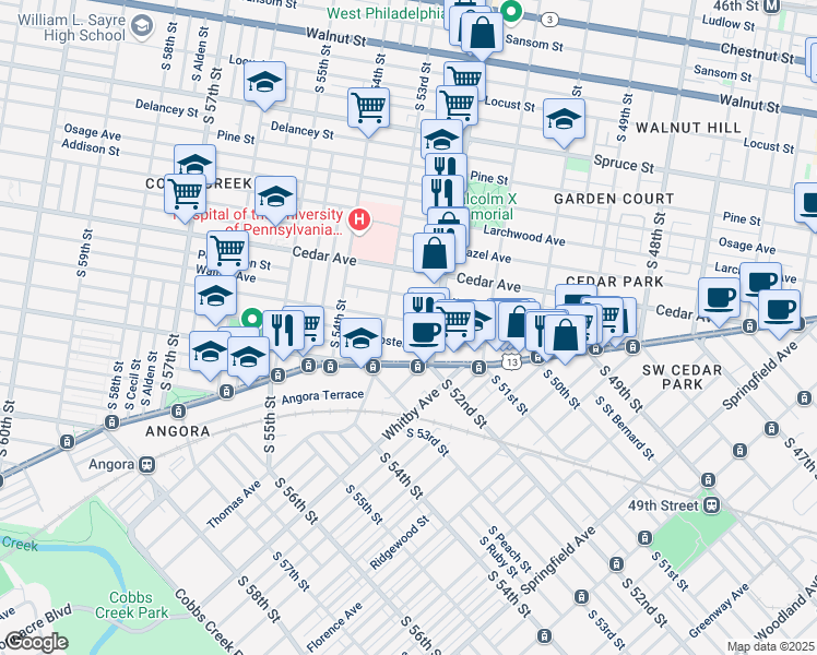 map of restaurants, bars, coffee shops, grocery stores, and more near 5216 Walton Avenue in Philadelphia