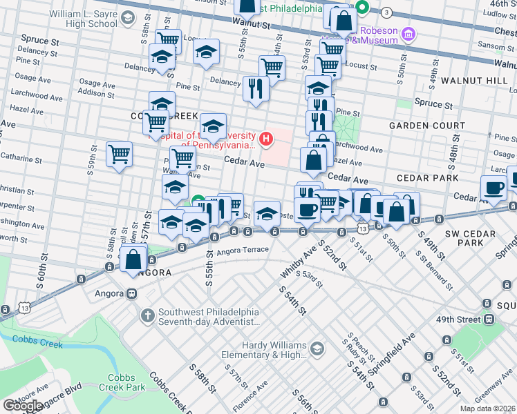 map of restaurants, bars, coffee shops, grocery stores, and more near 5401 Catharine Street in Philadelphia