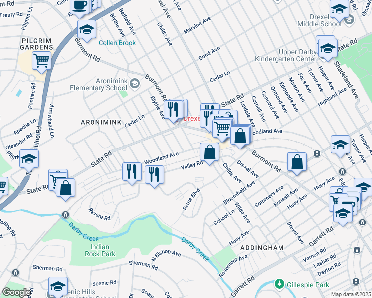 map of restaurants, bars, coffee shops, grocery stores, and more near 715 Belfield Avenue in Drexel Hill