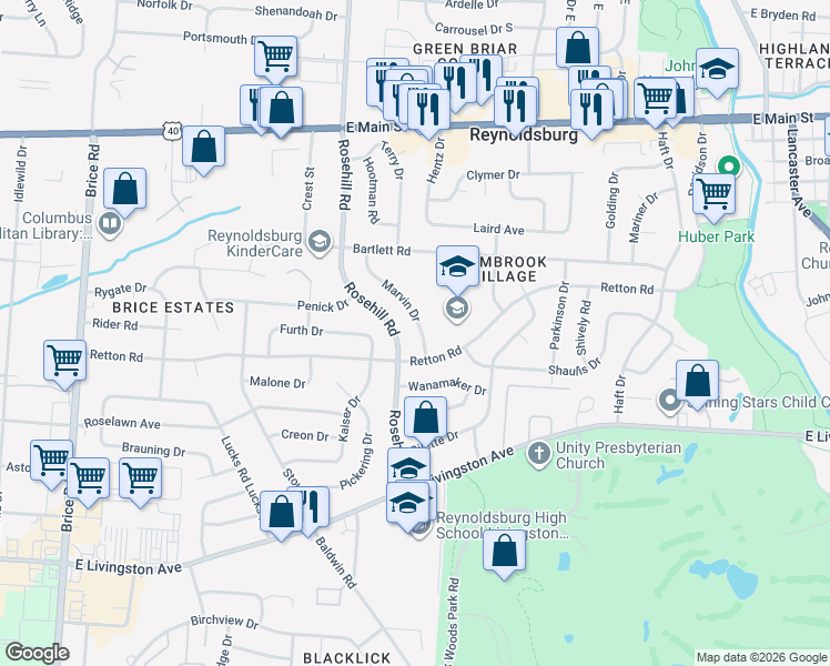 map of restaurants, bars, coffee shops, grocery stores, and more near 1581 Marvin Drive in Reynoldsburg