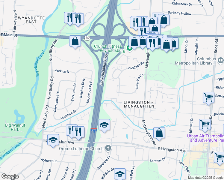 map of restaurants, bars, coffee shops, grocery stores, and more near 1459 Orchard Park Drive in Columbus