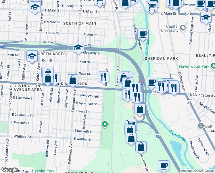 map of restaurants, bars, coffee shops, grocery stores, and more near 1826 East Livingston Avenue in Columbus