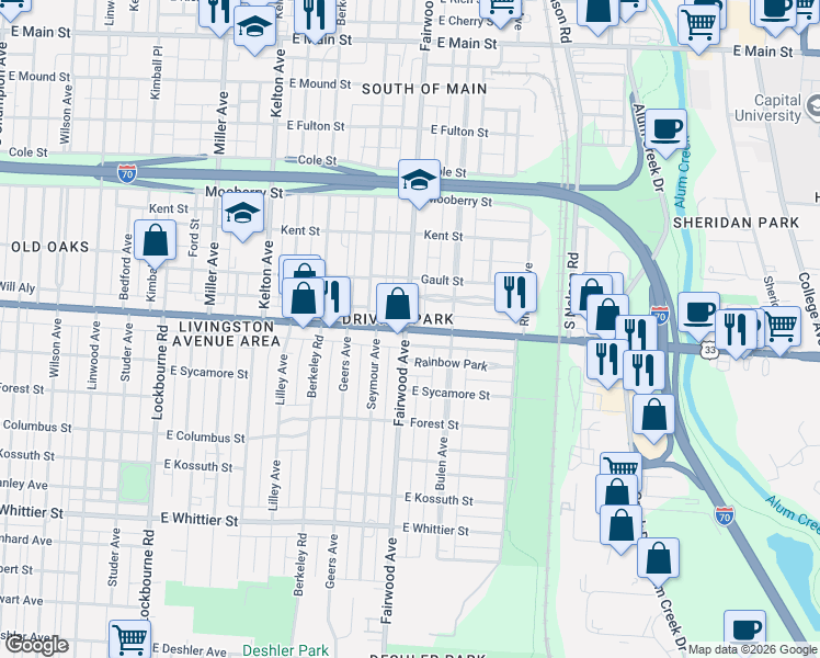 map of restaurants, bars, coffee shops, grocery stores, and more near in Columbus