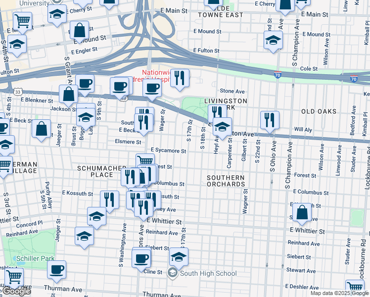 map of restaurants, bars, coffee shops, grocery stores, and more near 720 South 17th Street in Columbus