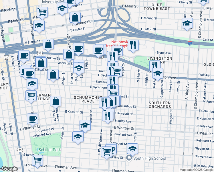 map of restaurants, bars, coffee shops, grocery stores, and more near 50 May Alley in Columbus