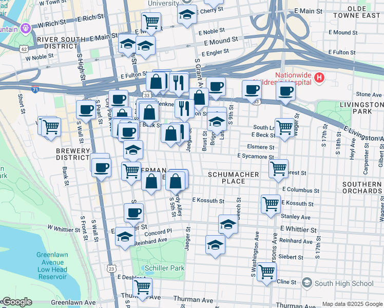 map of restaurants, bars, coffee shops, grocery stores, and more near 283 Lear Street in Columbus