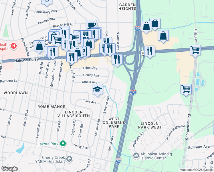 map of restaurants, bars, coffee shops, grocery stores, and more near 155 Darien Avenue in Columbus