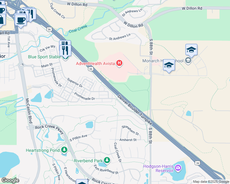 map of restaurants, bars, coffee shops, grocery stores, and more near Denver Boulder Turnpike in Superior