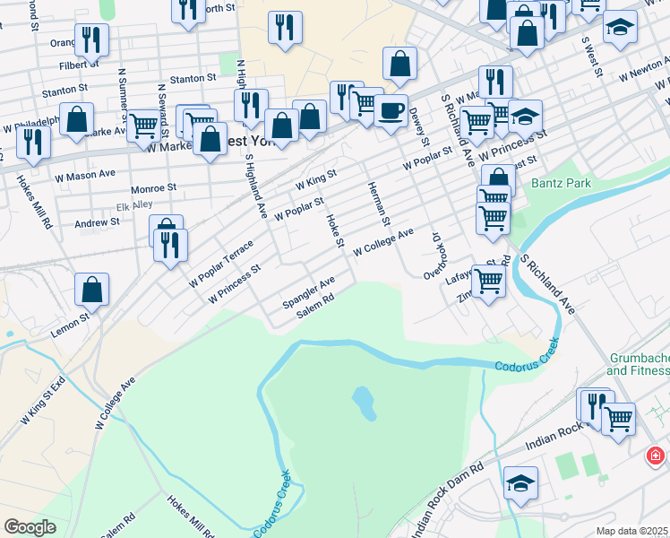 map of restaurants, bars, coffee shops, grocery stores, and more near 1320 West College Avenue in York