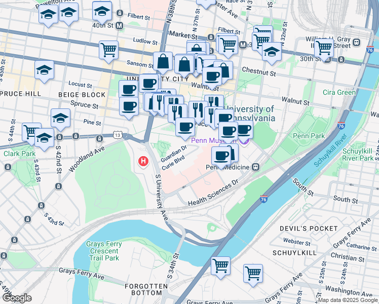 map of restaurants, bars, coffee shops, grocery stores, and more near 418 Curie Boulevard in Philadelphia