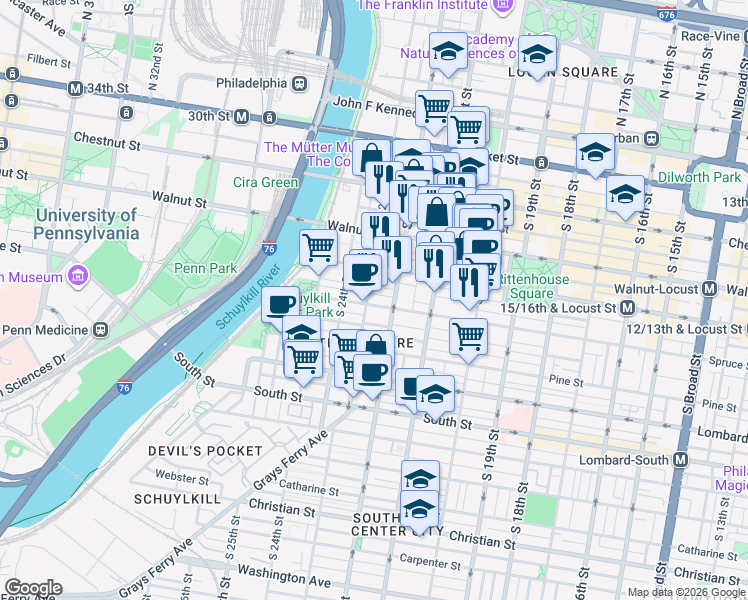 map of restaurants, bars, coffee shops, grocery stores, and more near 2223 Rittenhouse Square in Philadelphia
