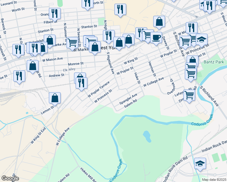 map of restaurants, bars, coffee shops, grocery stores, and more near 1484 West Princess Street in York