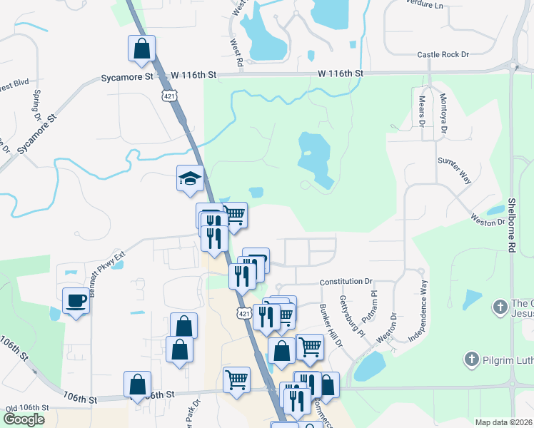 map of restaurants, bars, coffee shops, grocery stores, and more near 4477 Haven Court in Zionsville