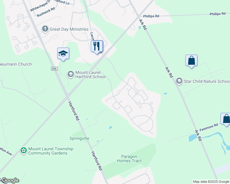 map of restaurants, bars, coffee shops, grocery stores, and more near 7 Claver Hill Way in Mount Laurel