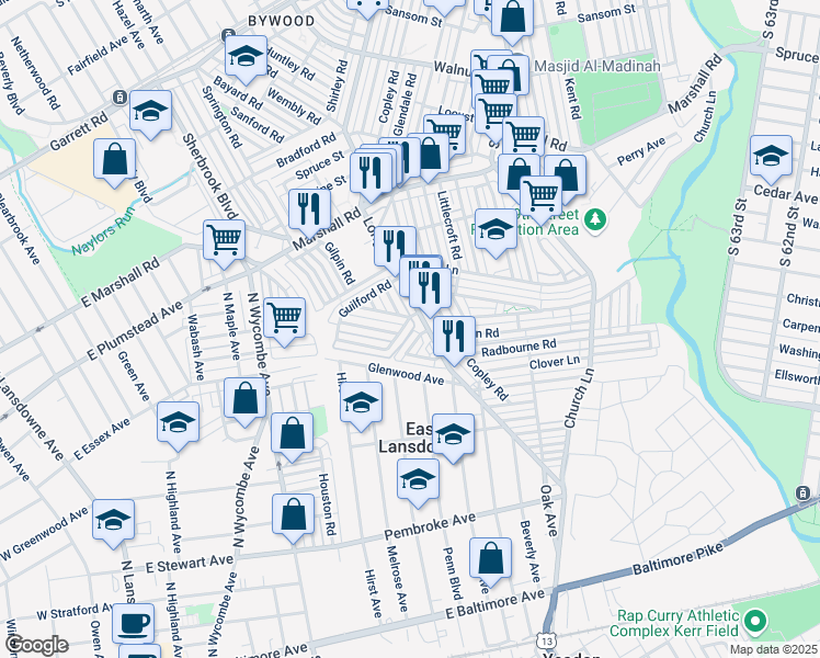 map of restaurants, bars, coffee shops, grocery stores, and more near 430 Croyden Road in Delaware County