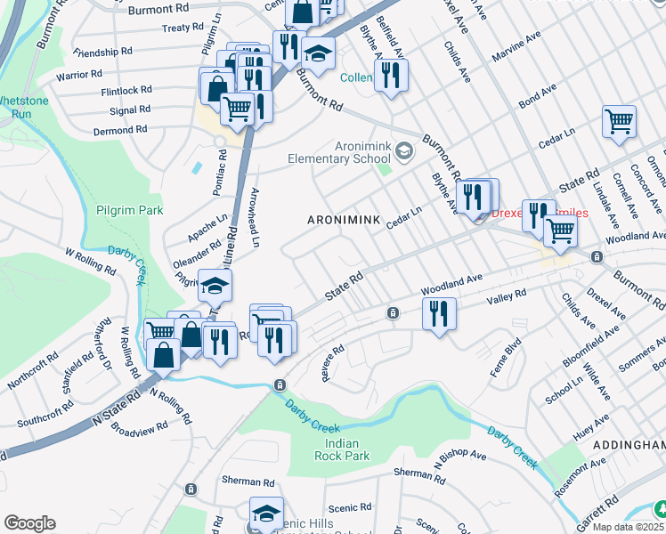 map of restaurants, bars, coffee shops, grocery stores, and more near 813 Clarendon Road in Drexel Hill