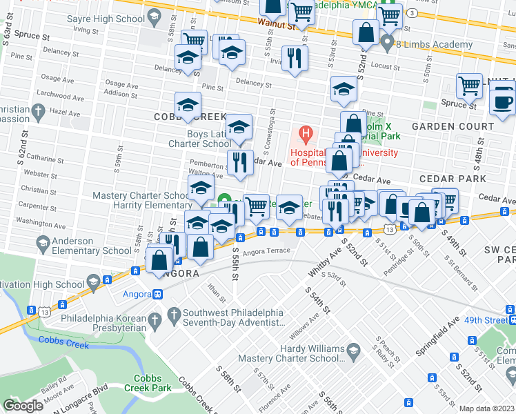 map of restaurants, bars, coffee shops, grocery stores, and more near 5442 Webster Street in Philadelphia