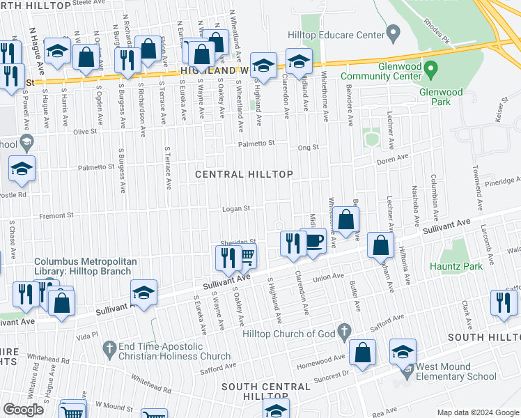 map of restaurants, bars, coffee shops, grocery stores, and more near 317 South Highland Avenue in Columbus