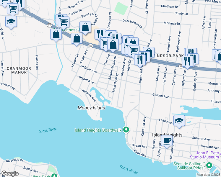 map of restaurants, bars, coffee shops, grocery stores, and more near 44 8th Bayway in Toms River