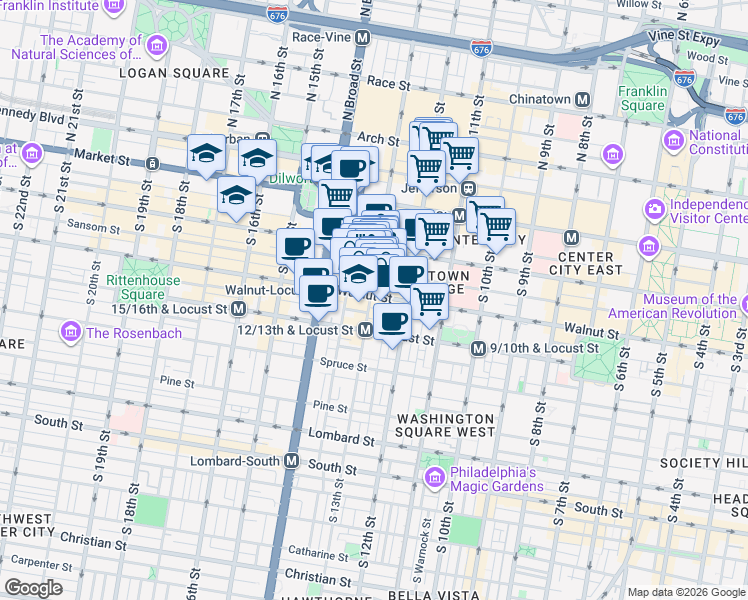 map of restaurants, bars, coffee shops, grocery stores, and more near 1213 Walnut Street in Philadelphia