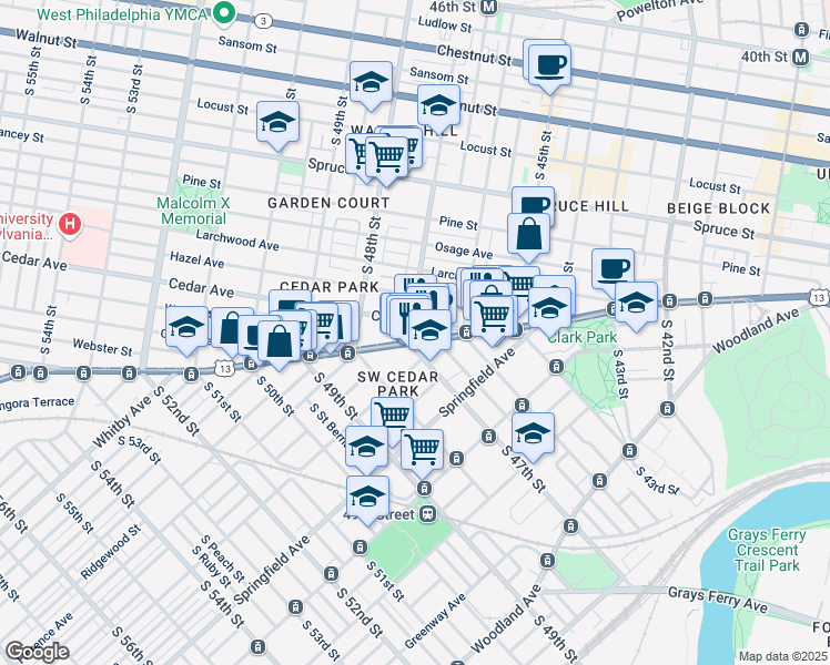 map of restaurants, bars, coffee shops, grocery stores, and more near 4629 Baltimore Avenue in Philadelphia