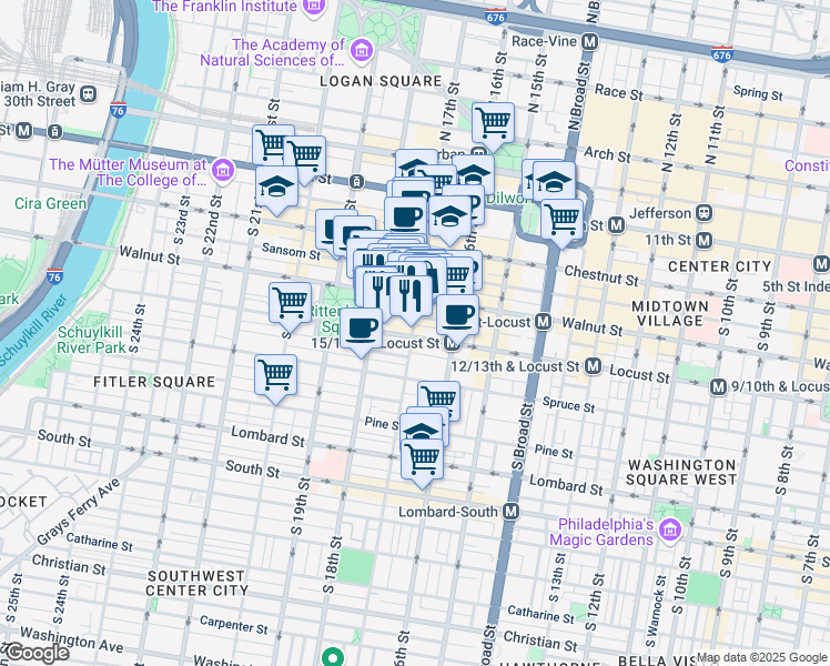 map of restaurants, bars, coffee shops, grocery stores, and more near 1701 Locust Street in Philadelphia