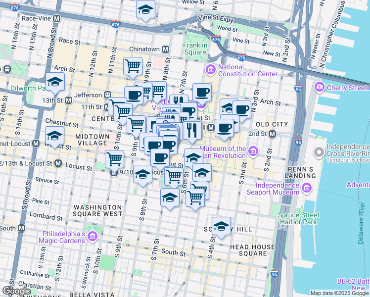 map of restaurants, bars, coffee shops, grocery stores, and more near 150 South Independence Mall West in Philadelphia