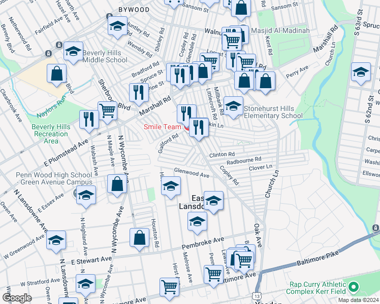 map of restaurants, bars, coffee shops, grocery stores, and more near 7216 Alderbrook Road in Upper Darby