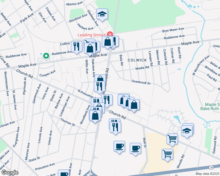 map of restaurants, bars, coffee shops, grocery stores, and more near 51 Haddonfield Road in Cherry Hill