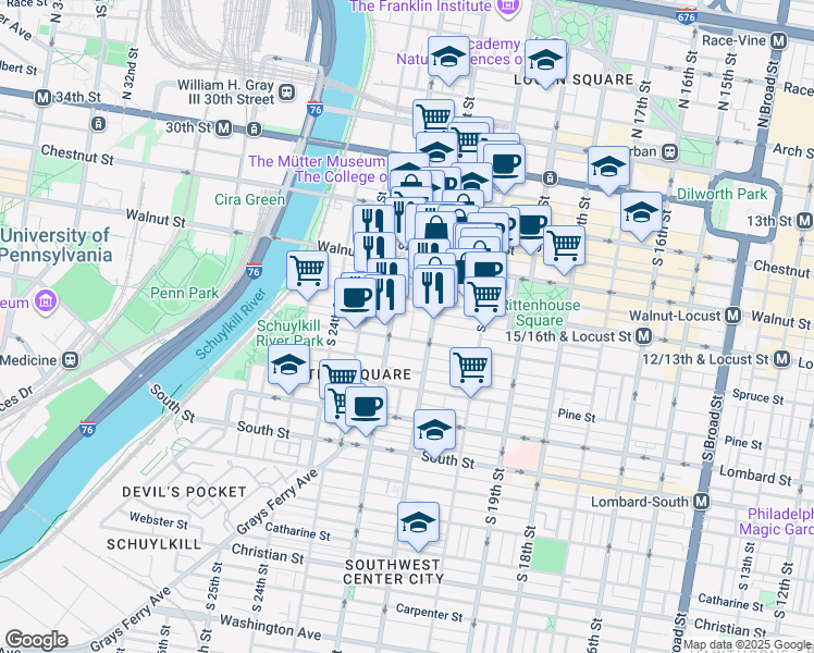 map of restaurants, bars, coffee shops, grocery stores, and more near 264 South Van Pelt Street in Philadelphia