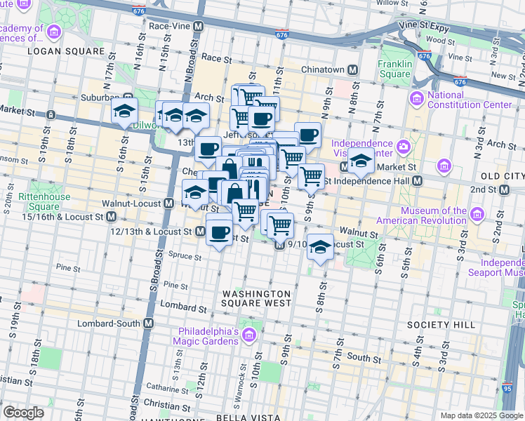 map of restaurants, bars, coffee shops, grocery stores, and more near 001S190167 in Philadelphia
