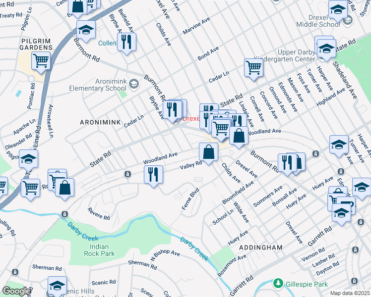 map of restaurants, bars, coffee shops, grocery stores, and more near 715 Belfield Avenue in Drexel Hill