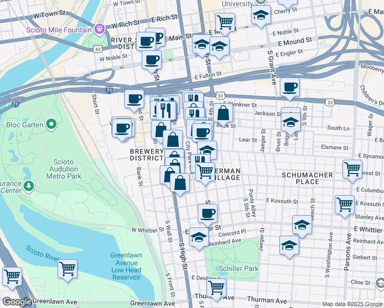 map of restaurants, bars, coffee shops, grocery stores, and more near 654 City Park Avenue in Columbus
