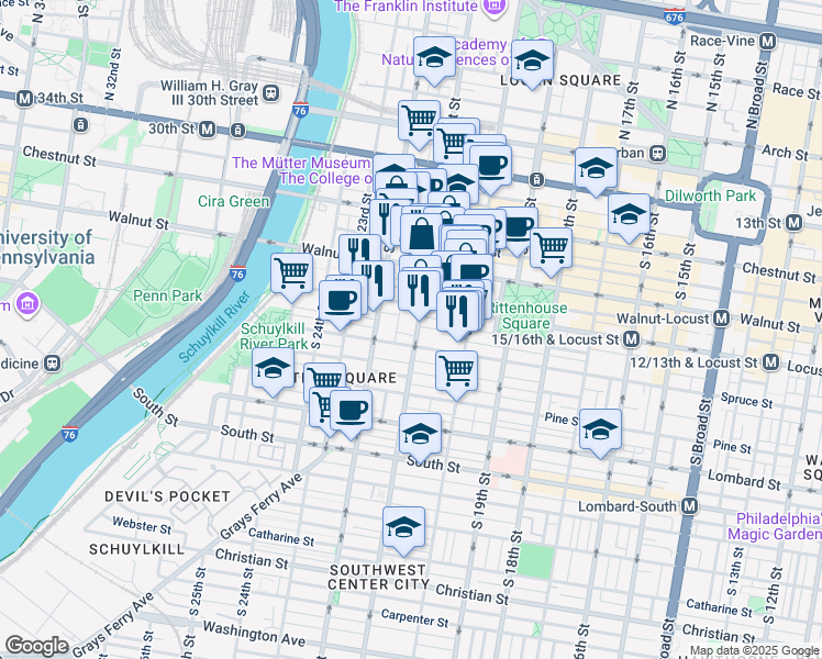 map of restaurants, bars, coffee shops, grocery stores, and more near 262 South 21st Street in Philadelphia